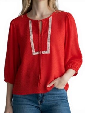 Poshmark Title Collective Concepts Swiss Dot Peasant Top Tie Neck Red Long Sleev